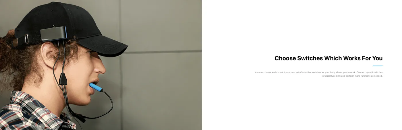 Person wearing GlassOuse Link with bite switch