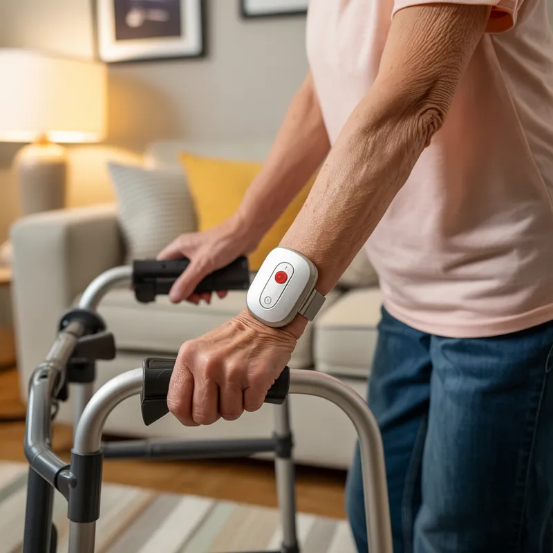 Person using a walking frame with a wrist-worn emergency alert button for immediate help at home