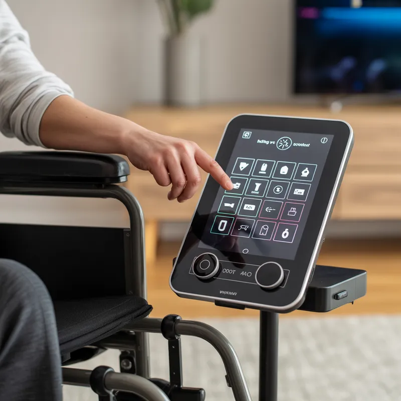 Wheelchair user operating a touchscreen ECS device mounted on a stand to control home lighting and appliances
