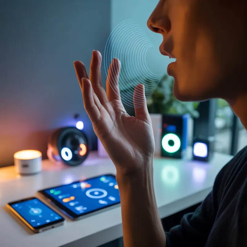 Person speaking voice commands to smart home devices with sound wave visualisation, reducing physical strain on arthritic hands