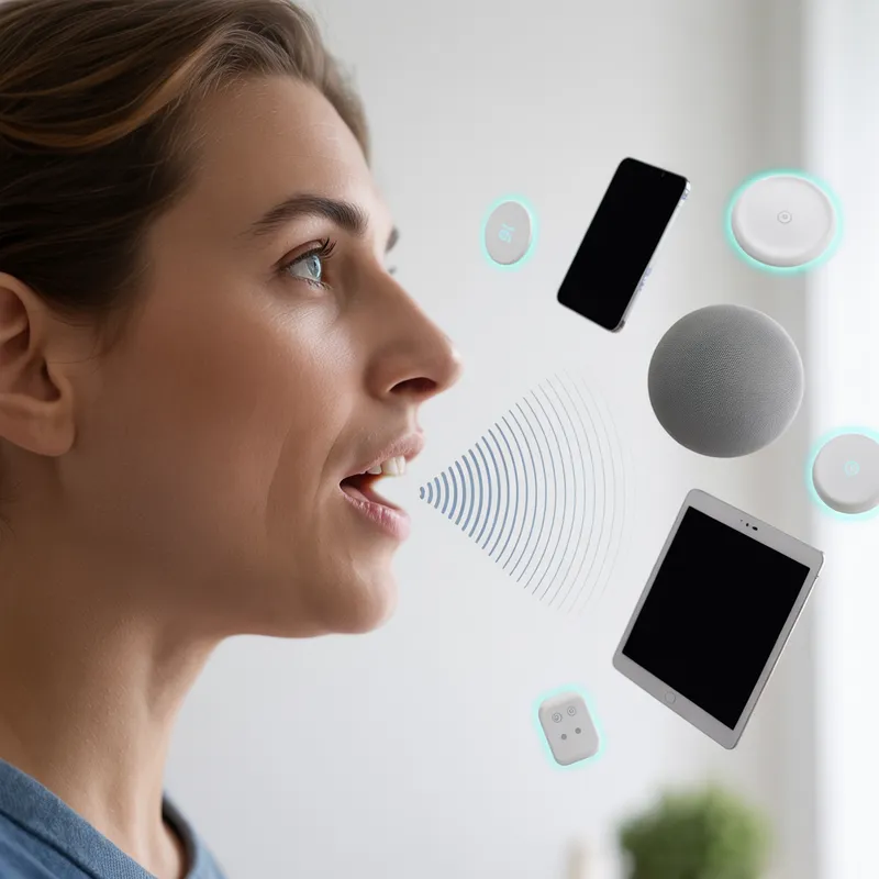 Person using voice commands for hands-free control of home lighting and appliances