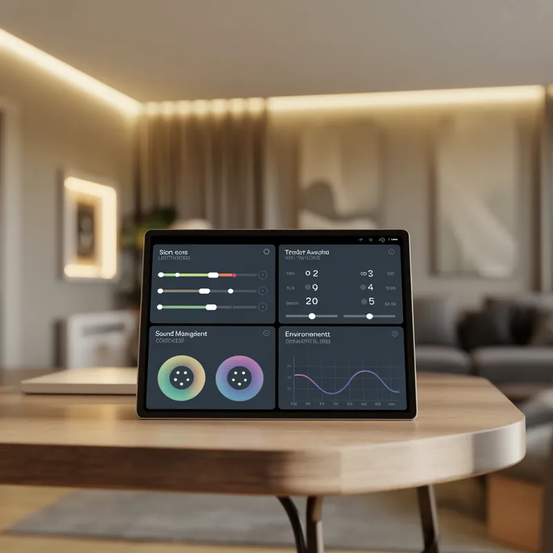 Smart home control tablet displaying lighting sliders, temperature controls, sound management and environment graphs in a modern living room