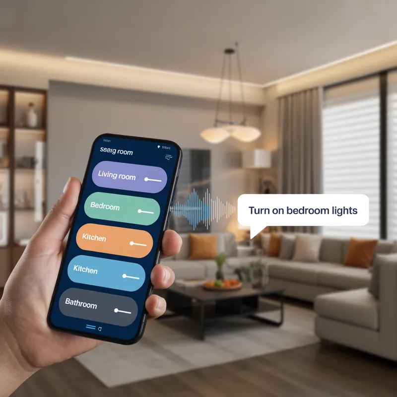 Smart home app showing voice command: Turn on bedroom lights