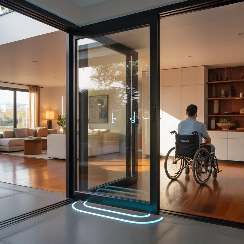 Wheelchair user approaching an automatic sliding door with a blue sensor glow indicating hands-free access control