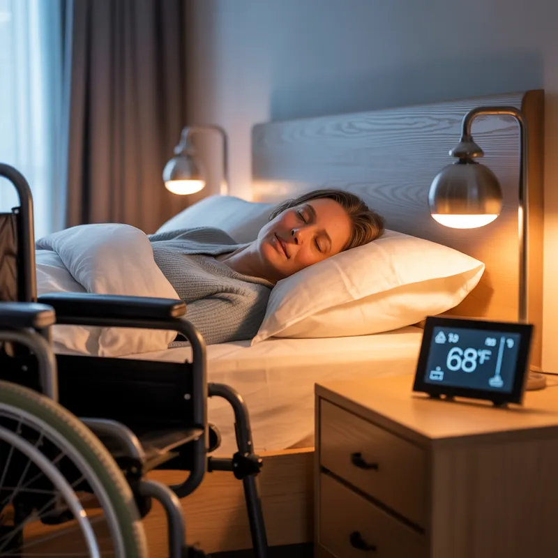 Person resting peacefully with gentle warm bedside lamp and smart temperature display — soft, flicker-free lighting for photosensitive safety