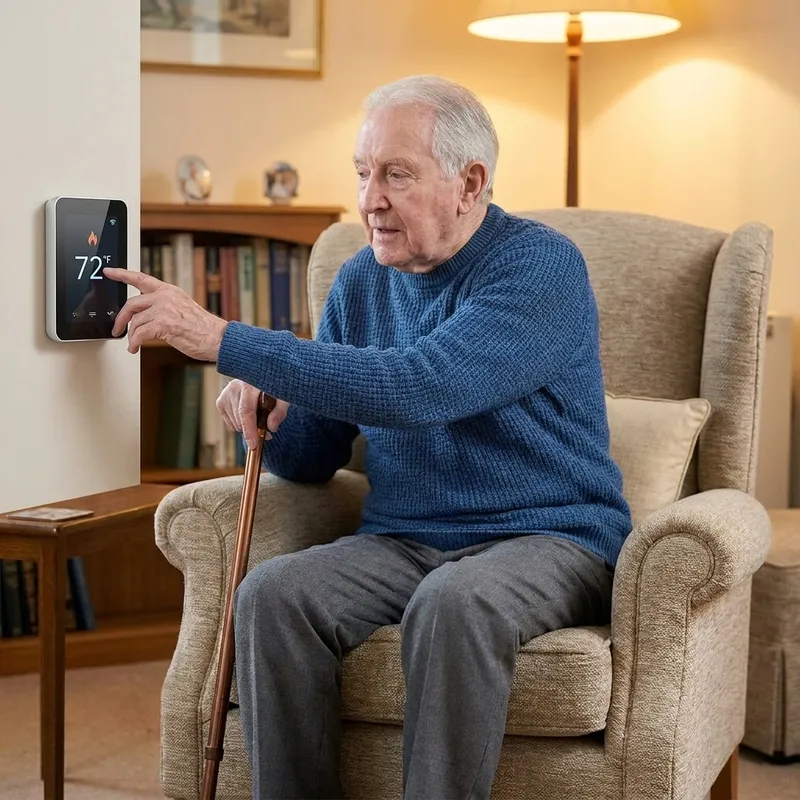 Elderly man seated in armchair adjusting a smart thermostat on the wall