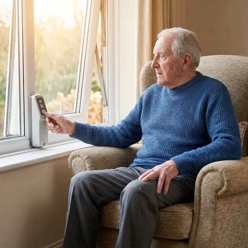 Elderly man seated in armchair using a remote control to open a window