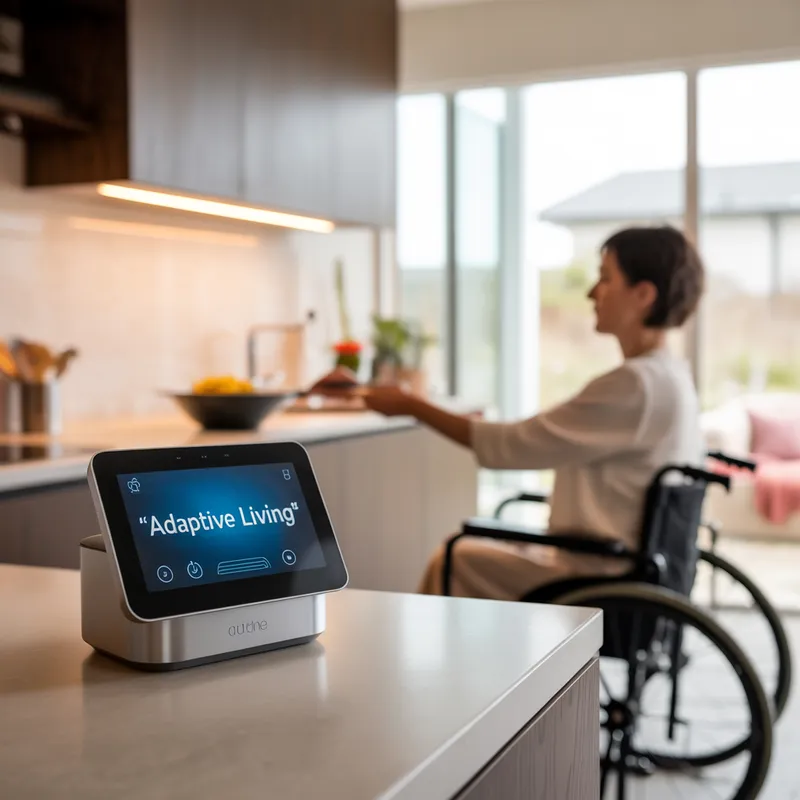 Wheelchair user in a modern accessible kitchen with an Adaptive Living smart home hub on the counter