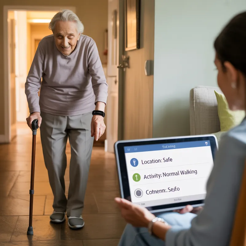 Carer monitoring tablet showing Location Safe and Activity Normal Walking while elderly person with walking stick moves through hallway