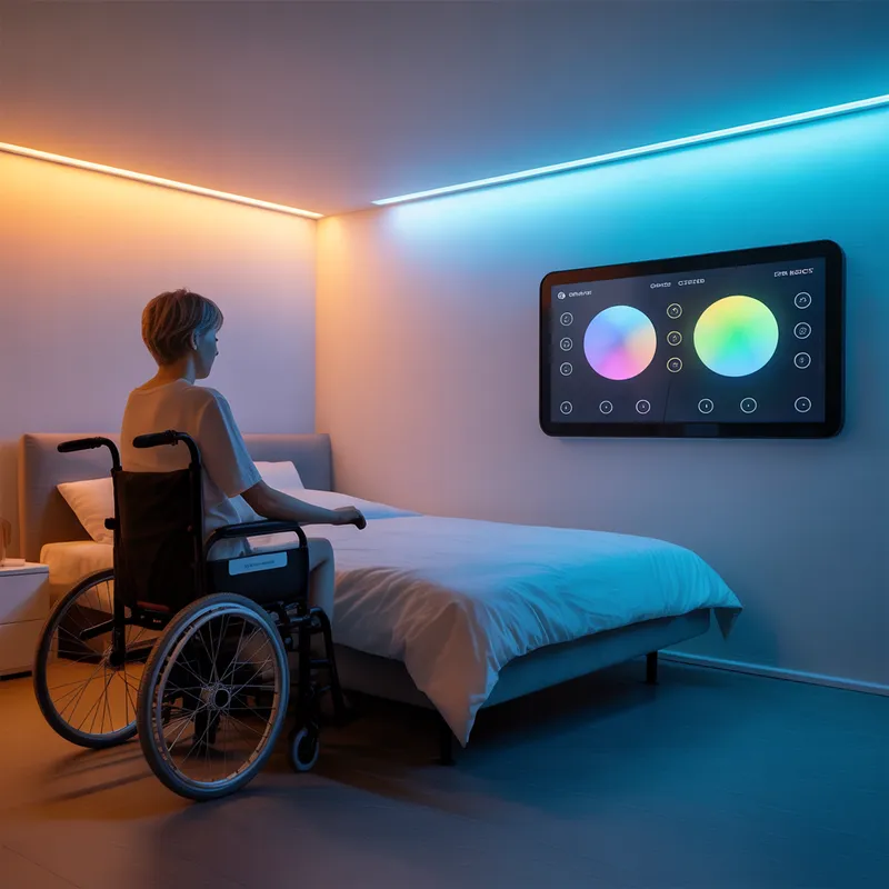 Wheelchair user controlling adaptive bedroom lighting from a wall panel