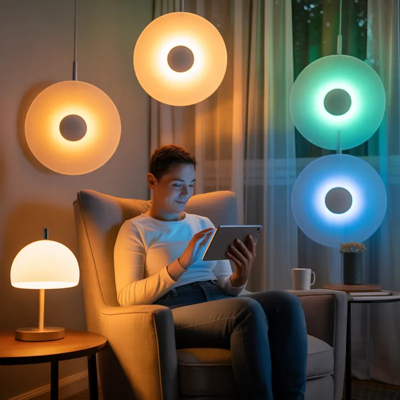 Person controlling smart coloured lighting from a tablet in a relaxing room