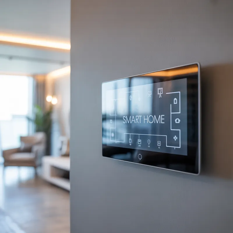 Sleek smart home wall panel displaying interconnected home system controls