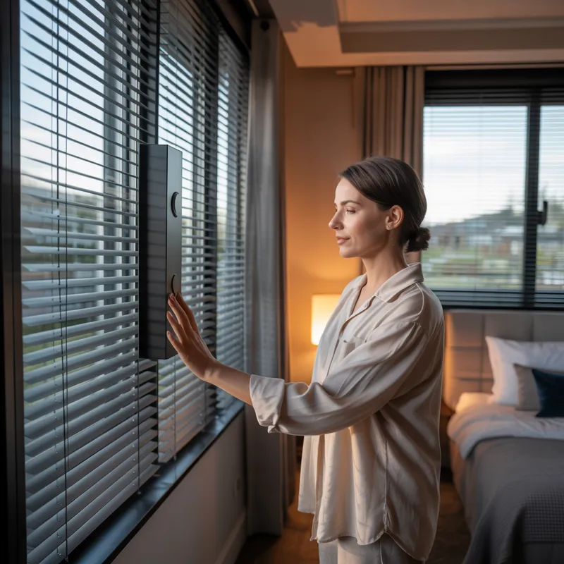 Woman using a smart controller to adjust automated blinds in a modern bedroom