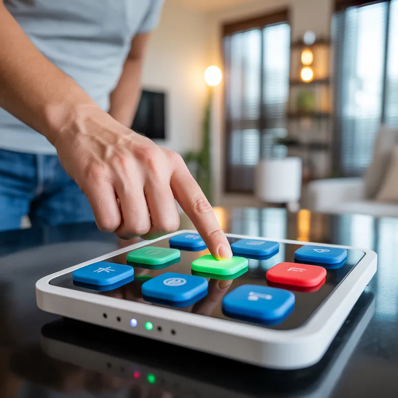 Finger pressing a large coloured button on an adaptive smart home controller designed for easy use with arthritis