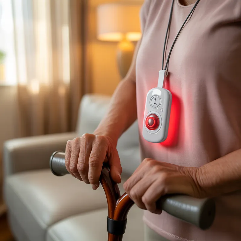 Elderly person with walking aid wearing a glowing emergency alarm pendant