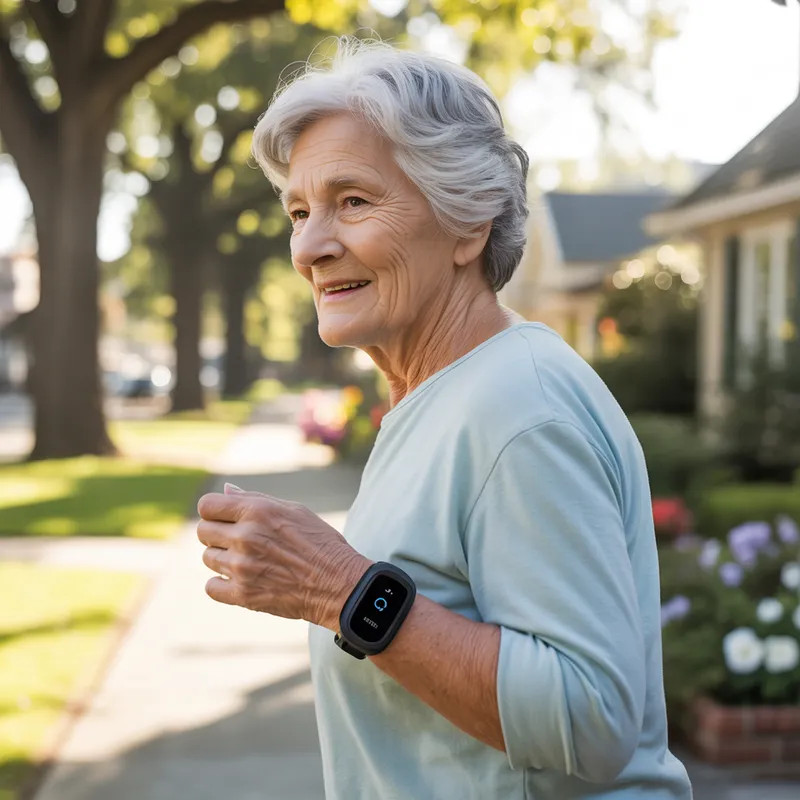 Elderly woman on a neighbourhood walk wearing a GPS tracking wristband for real-time location monitoring