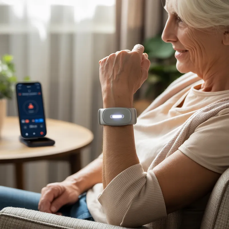 Elderly person wearing fall detection wristband with emergency alert app