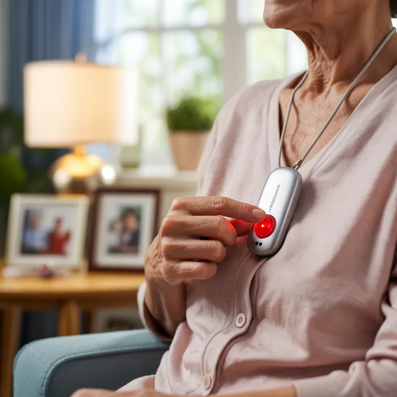 Elderly woman pressing personal emergency alarm pendant at home