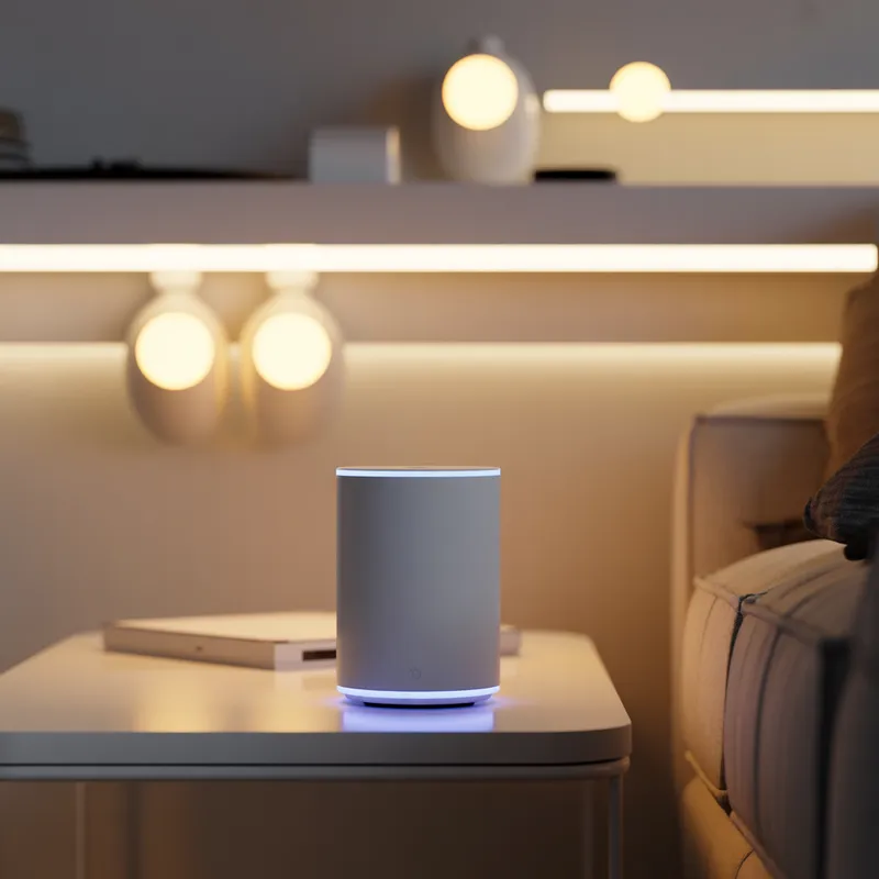 Smart voice assistant on a bedside table glowing blue beside warm ambient wall lighting controlled by voice command