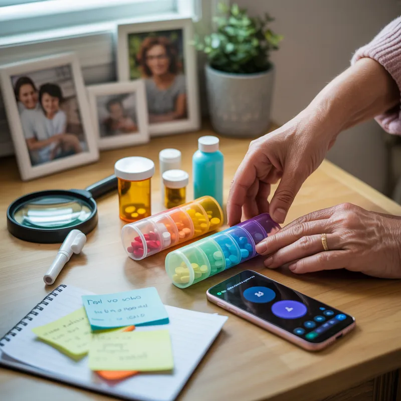 Hands organising a coloured pill organiser beside sticky note reminders, a notebook and a smartphone reminder app for TBI cognitive support
