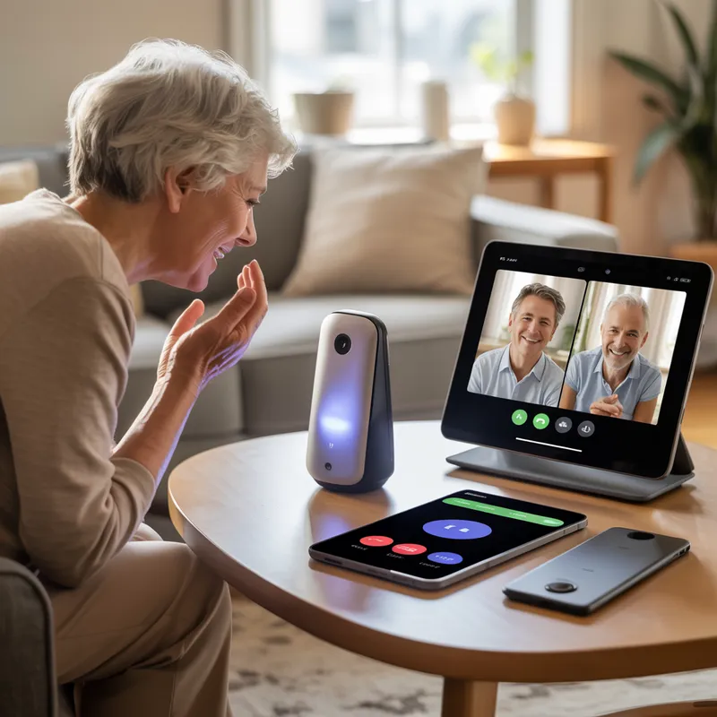 Elderly woman video calling family using voice-activated communication devices