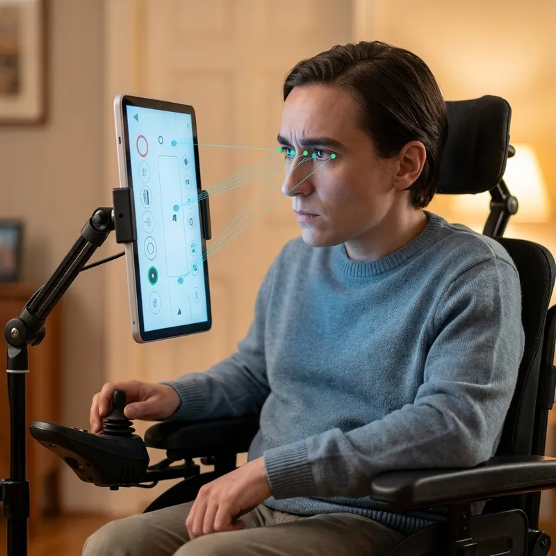 Wheelchair user operating a tablet with eye-gaze technology
