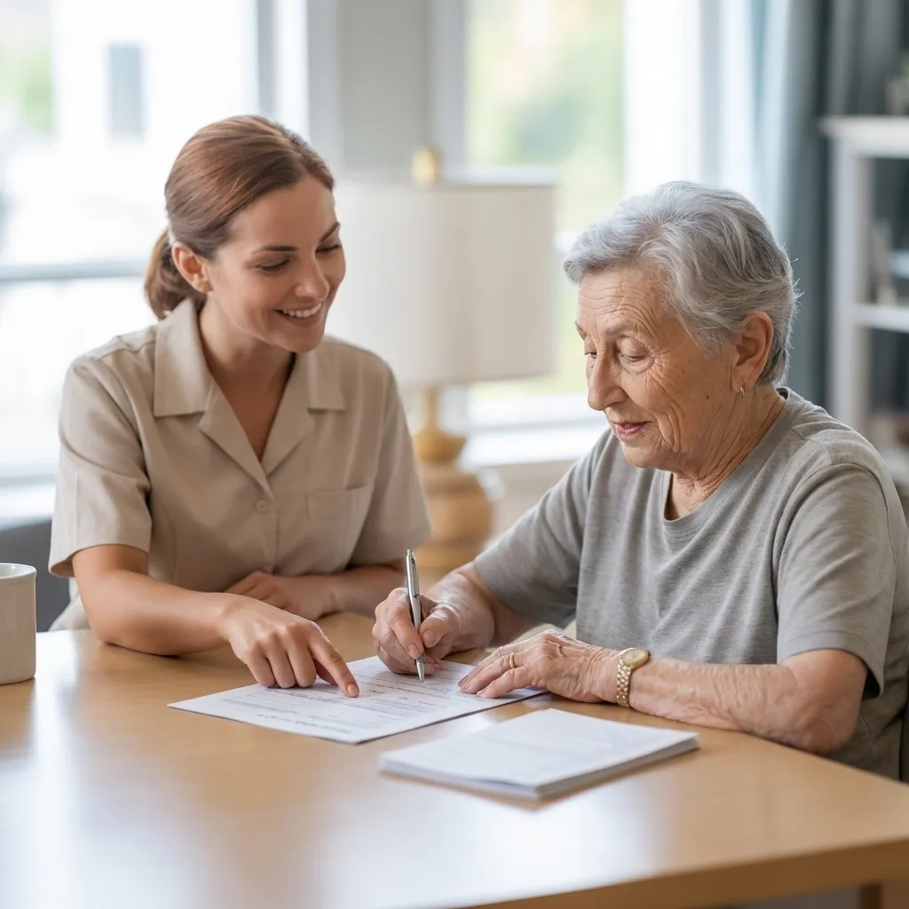 Care professional helping an older adult complete a consultation form