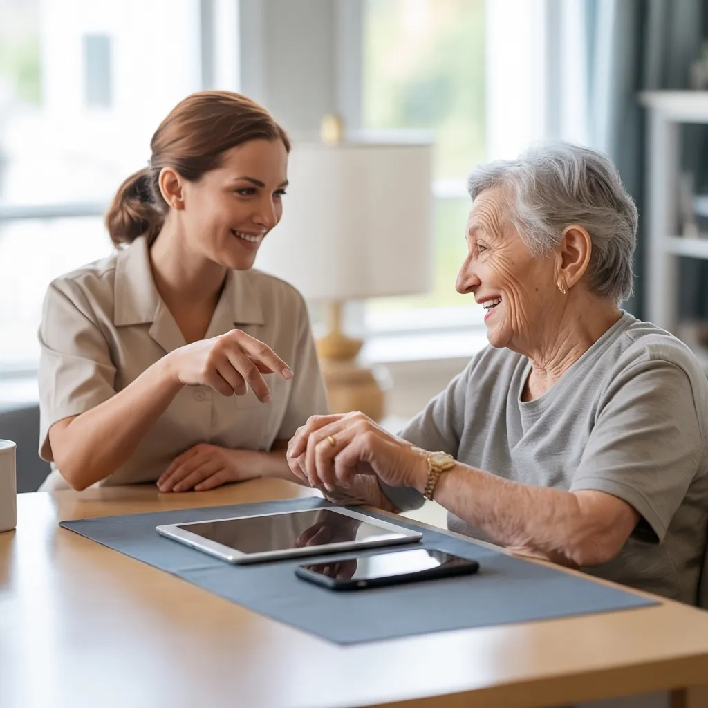 Care professional discussing assistive technology options with an older adult