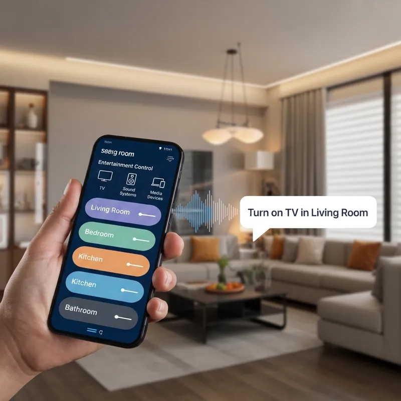 Phone app showing entertainment control with voice command 'Turn on TV in Living Room'
