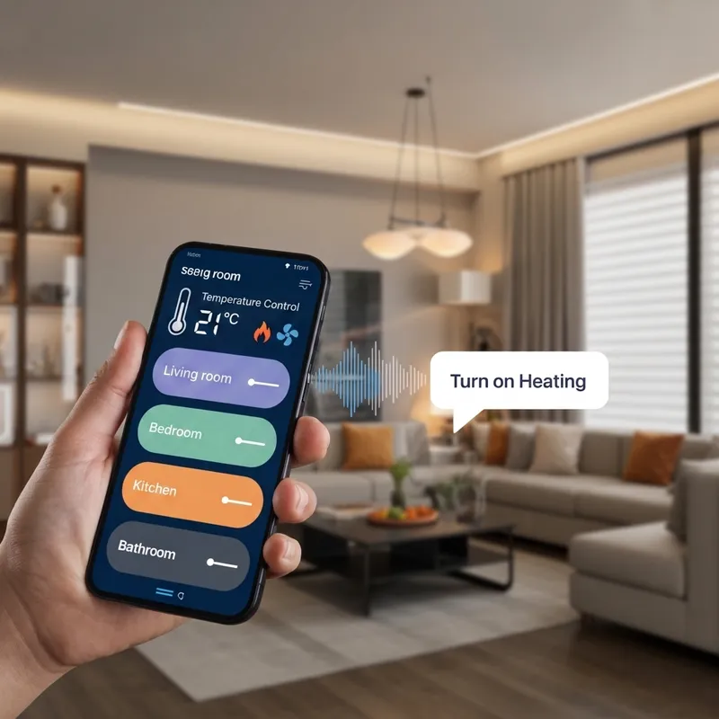 Smart home app showing voice command: Turn on Heating